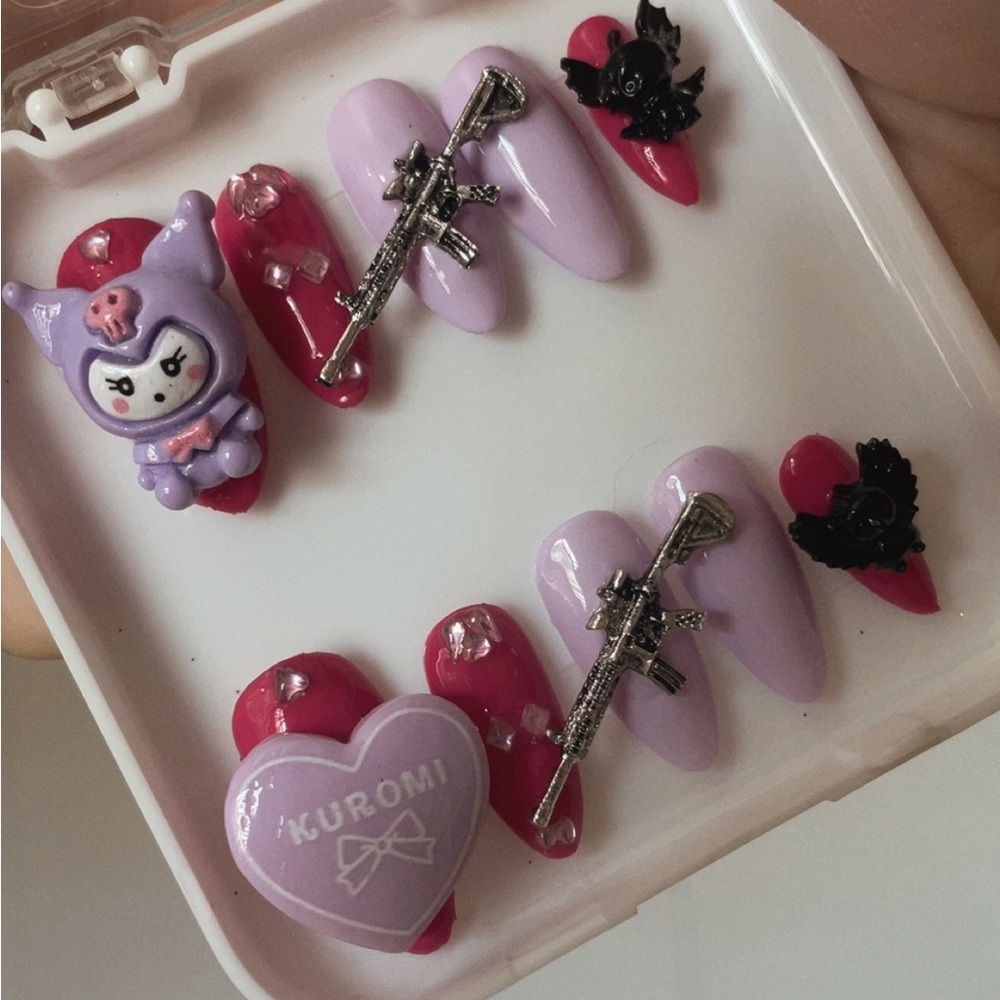 Cute Kuromi Themed Nail Set in Pink and Purple